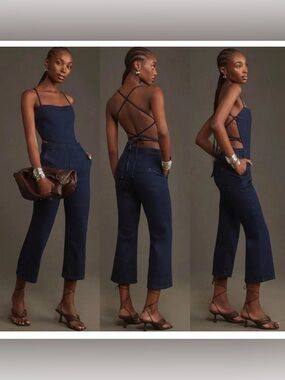 Anthropologie Pilcro Women’s 10 Navy Blue Open-Back Denim Cropped Jumpsuit NEW